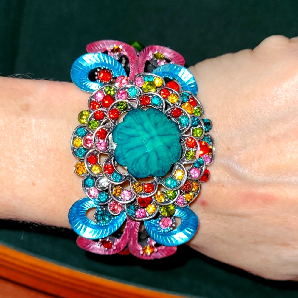 VTG Mardi Gras Mermaid SDLZ Cuff Bracelet Art Deco Floral Rainbow Wrist Clamper - Picture 1 of 12